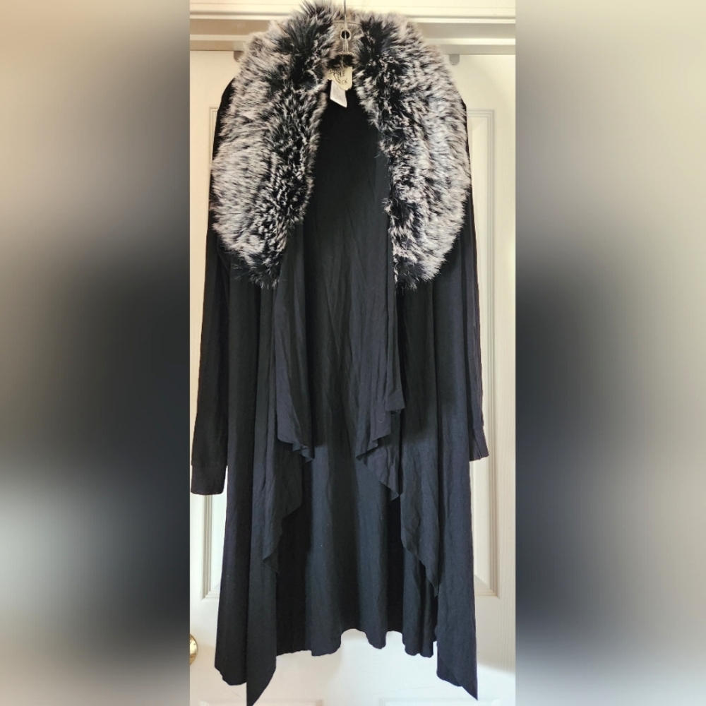 CRIPPLE CREEK Black Knit Jumper Soft Draped Faux Fur Collar Cotton Sweater NWT L